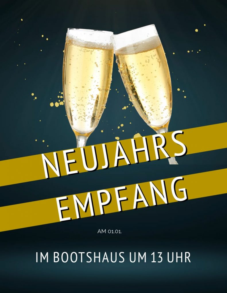Bild zwei Sektgläser beim anstoßen. Ankündigung Neujahrsempfang im Bootshaus.